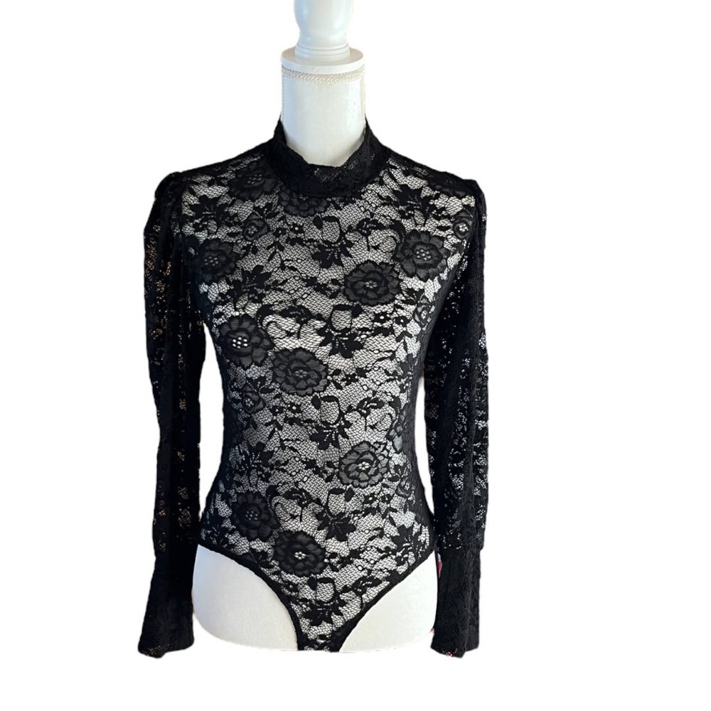 🌿 Jolie & Joy By FCT With Love Lace Long Sleeve Bodysuit Blouse Black - XL
